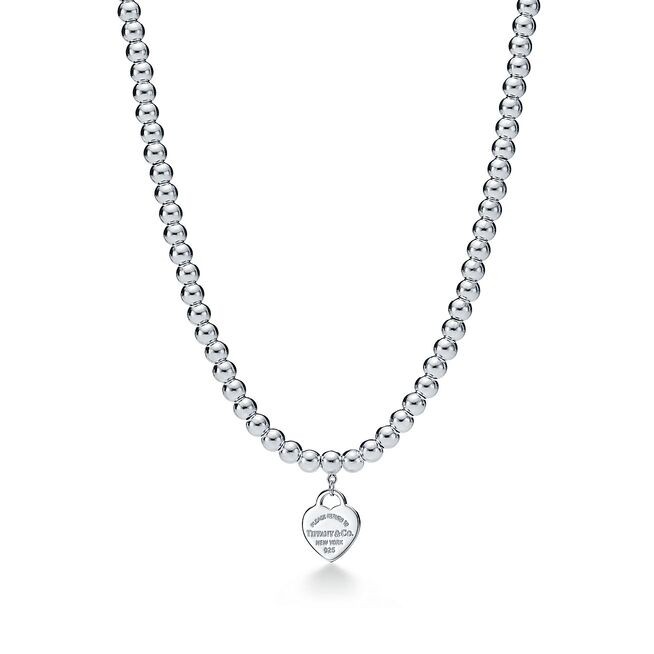 "Return to Tiffany" Mini Silver Heart Tag Bead Necklace