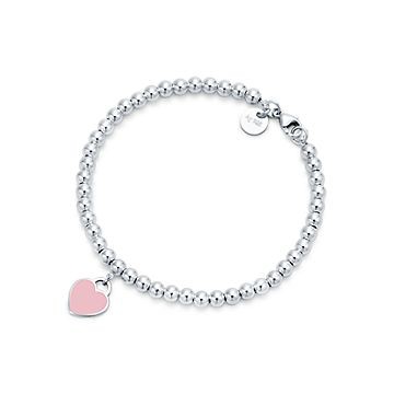 Return to Tiffany Pink Mini Heart Tag Bead Bracelet 7.5"