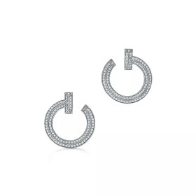 Tiffany T Open Hoop Earrings in White Gold with Diamonds 